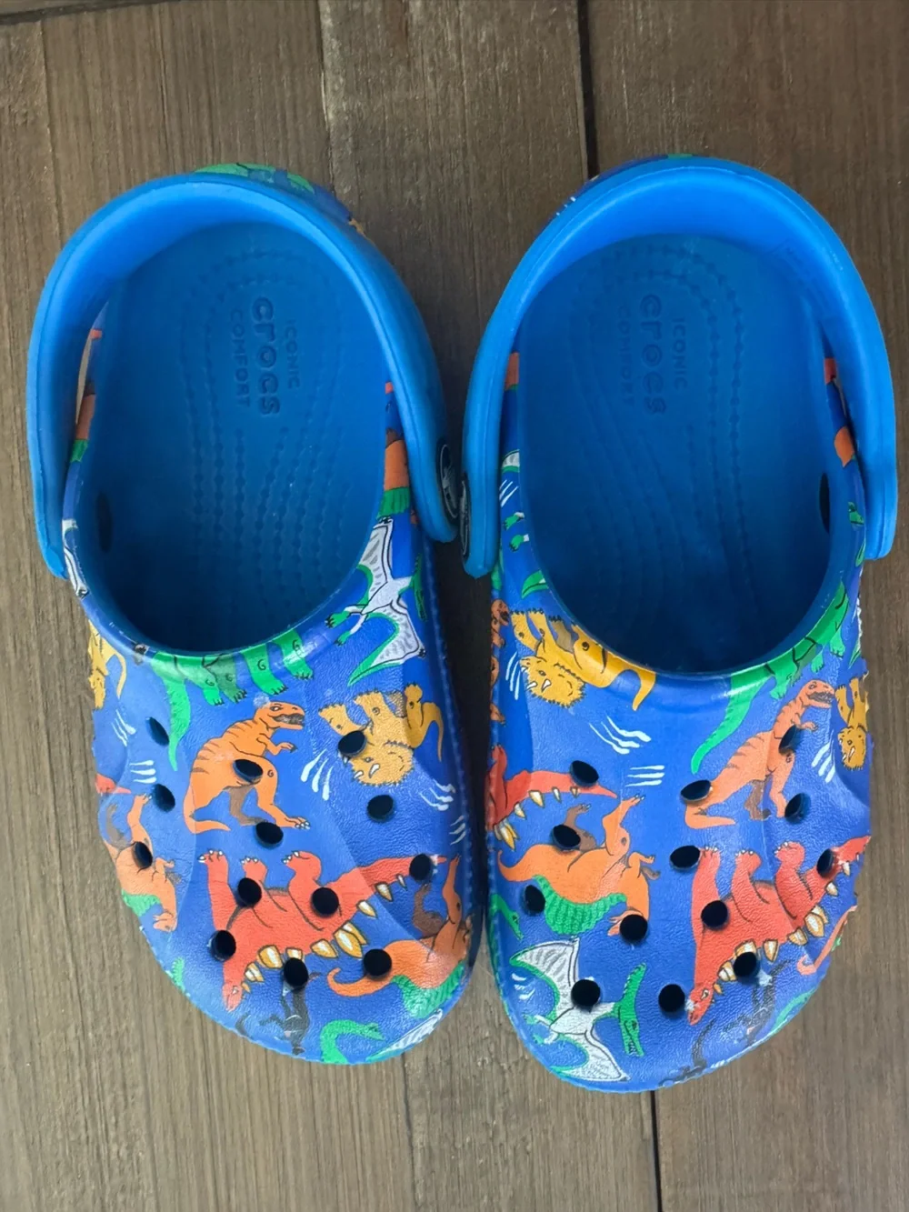 CROCS Kids' Bright Blue Dinosaur Print Clogs